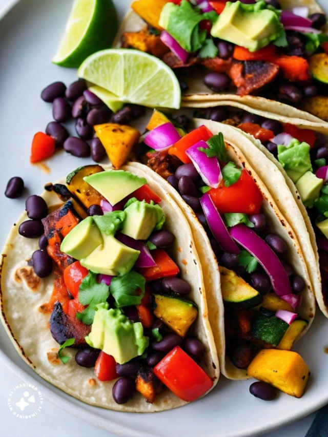 Roasted Vegetable and Black Bean Tacos with Creamy Avocado Salsa